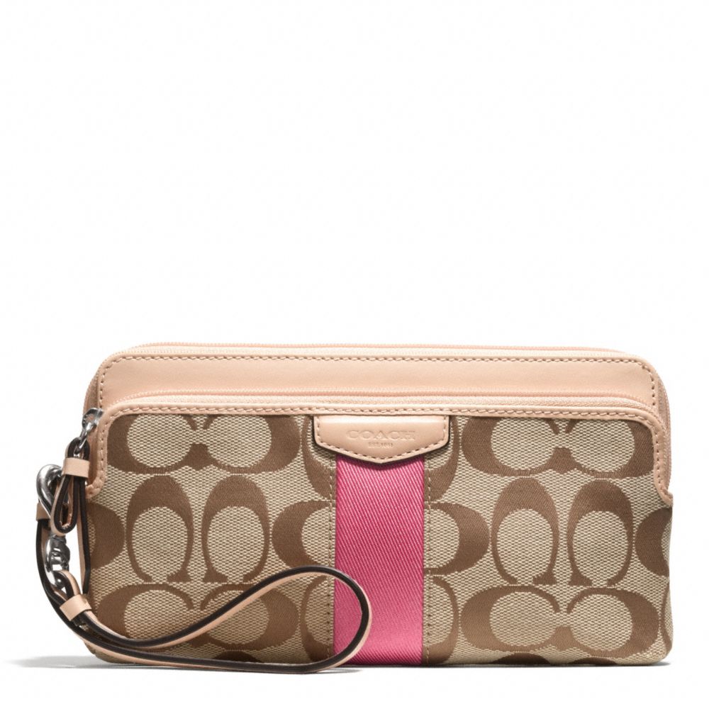 SIGNATURE STRIPE 12CM DOUBLE ZIP WALLET COACH F50613