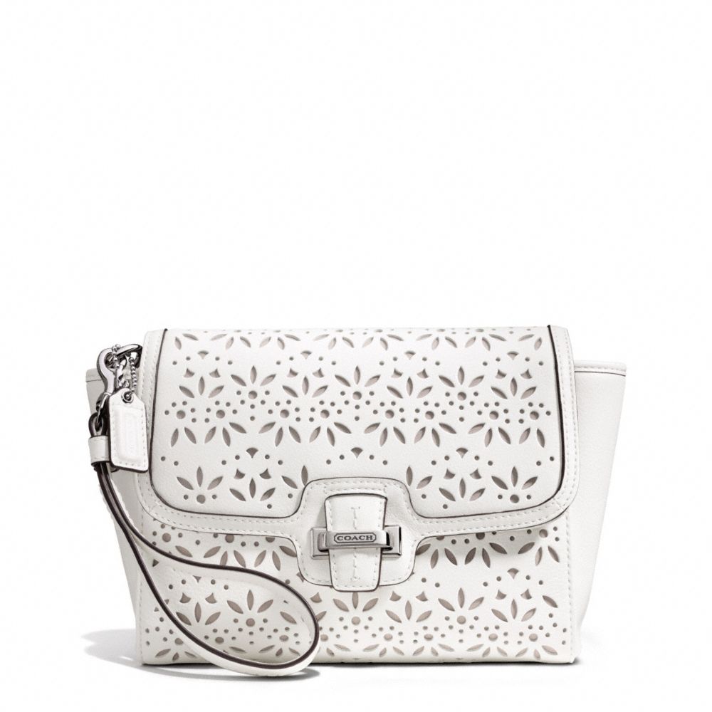 COACH TAYLOR EYELET LEATHER FLAP CLUTCH - SILVER/IVORY - F50632