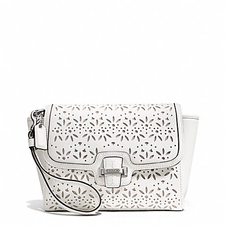 COACH F50632 TAYLOR EYELET LEATHER FLAP CLUTCH SILVER/IVORY