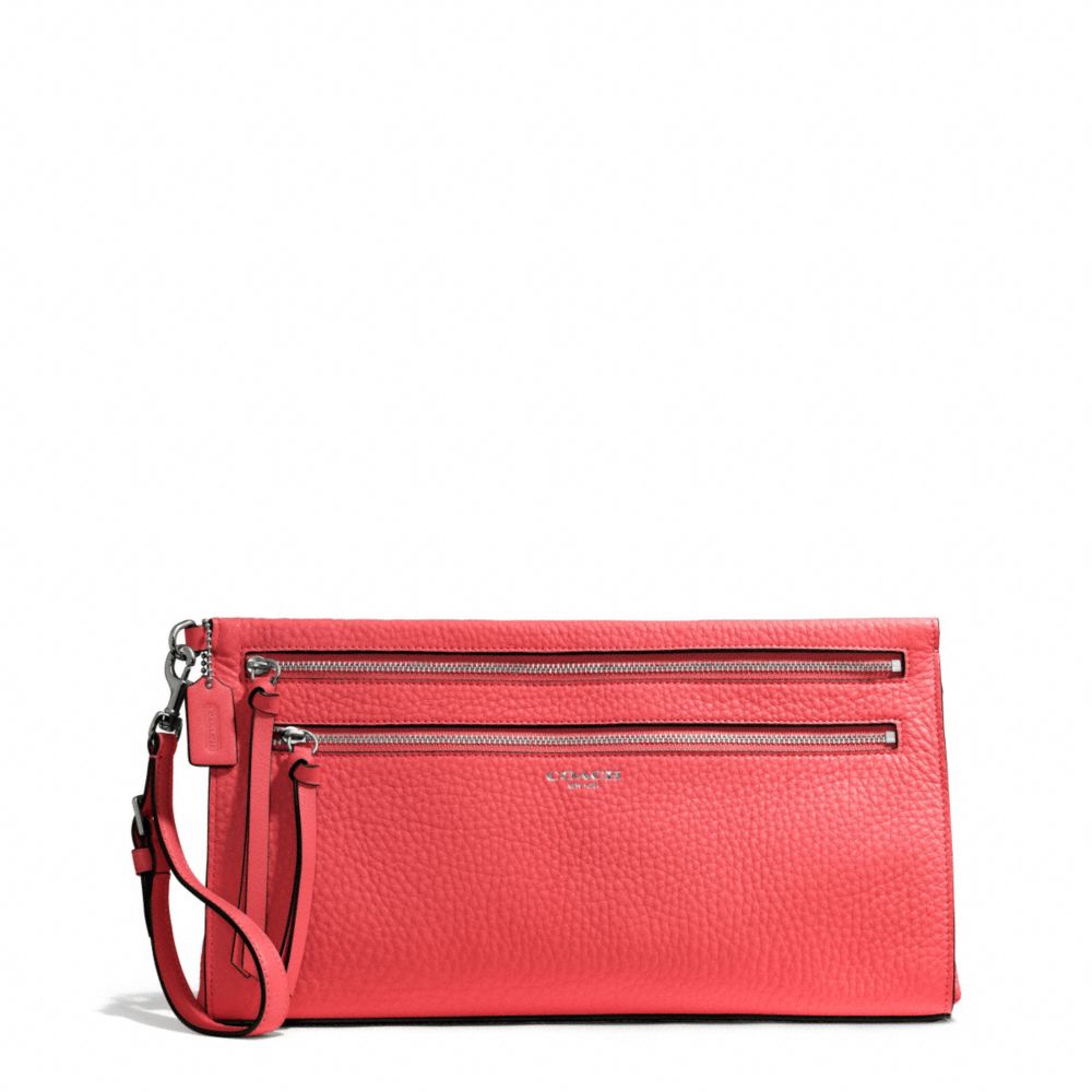 COACH F50810 BLEECKER PEBBLED LEATHER LARGE CLUTCH SILVER/LOVE-RED