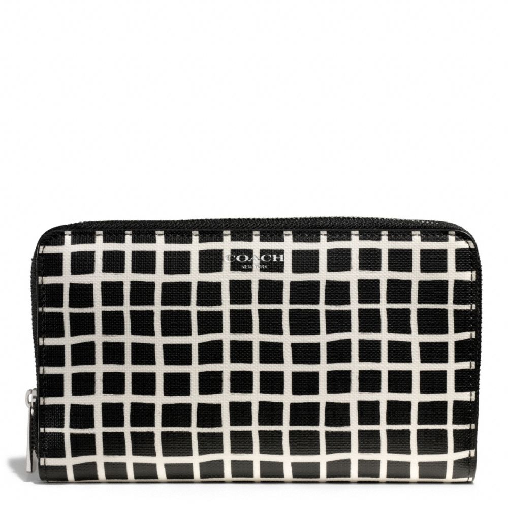 COACH f50870 BLEECKER BLACK AND WHITE PRINT COATED CANVAS CONTINENTAL ZIP WALLET SILVER/BLACK/WHITE