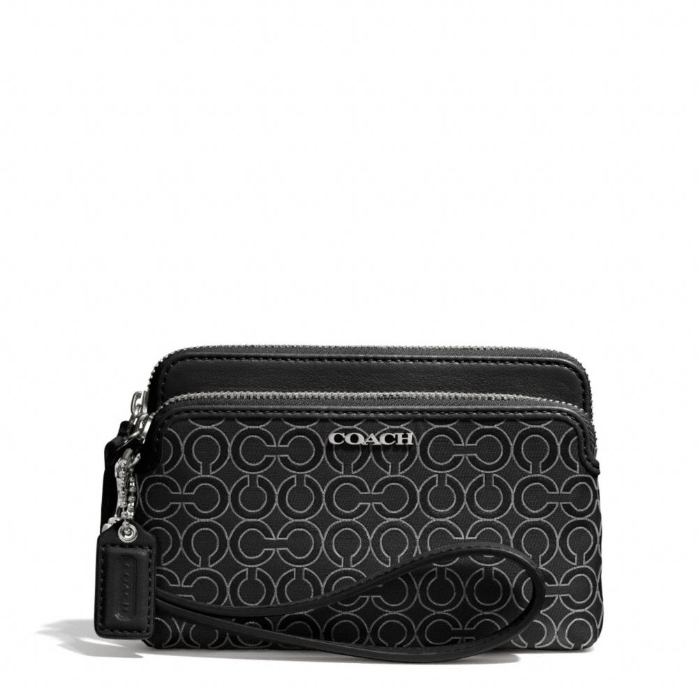 COACH f50995 MADISON OP ART PEARLESCENT FABRIC DOUBLE ZIP WRISTLET  SILVER/BLACK