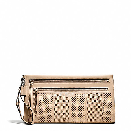 COACH F51079 BLEECKER STRIPED PERFORATED LEATHER LARGE CLUTCH SILVER/TAN