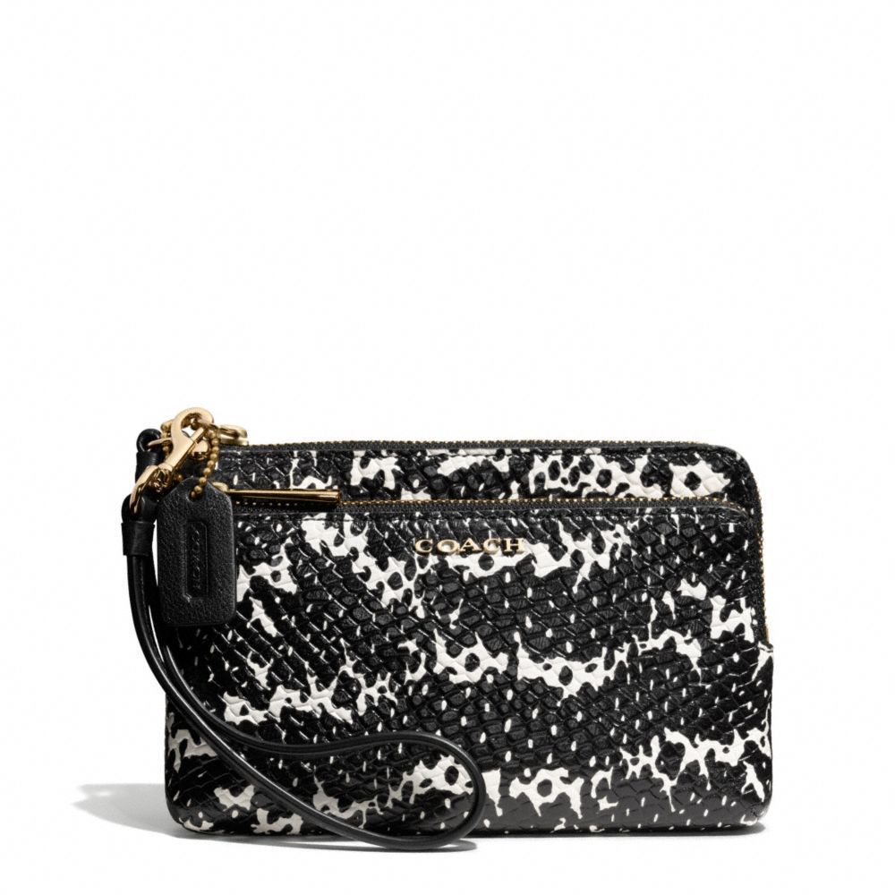 COACH F51095 Madison Two Tone Python Embossed Leather Double Zip Wristlet LIGHT GOLD/BLACK