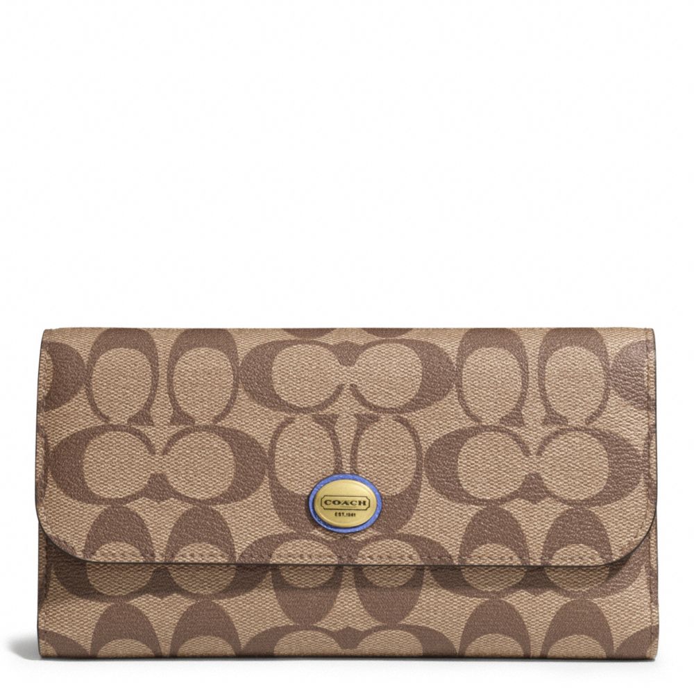 COACH PEYTON SIGNATURE CHECKBOOK WALLET - BRASS/KHAKI/PORCELAIN BLUE - f51103