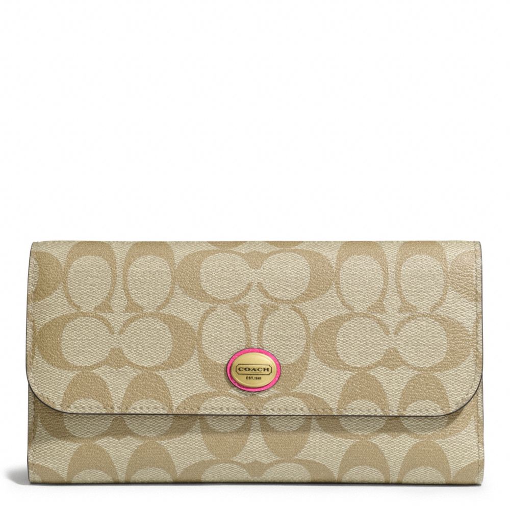 COACH F51103 PEYTON CHECKBOOK IN SIGNATURE FABRIC BRASS/LT-KHAKI/POMEGRANATE