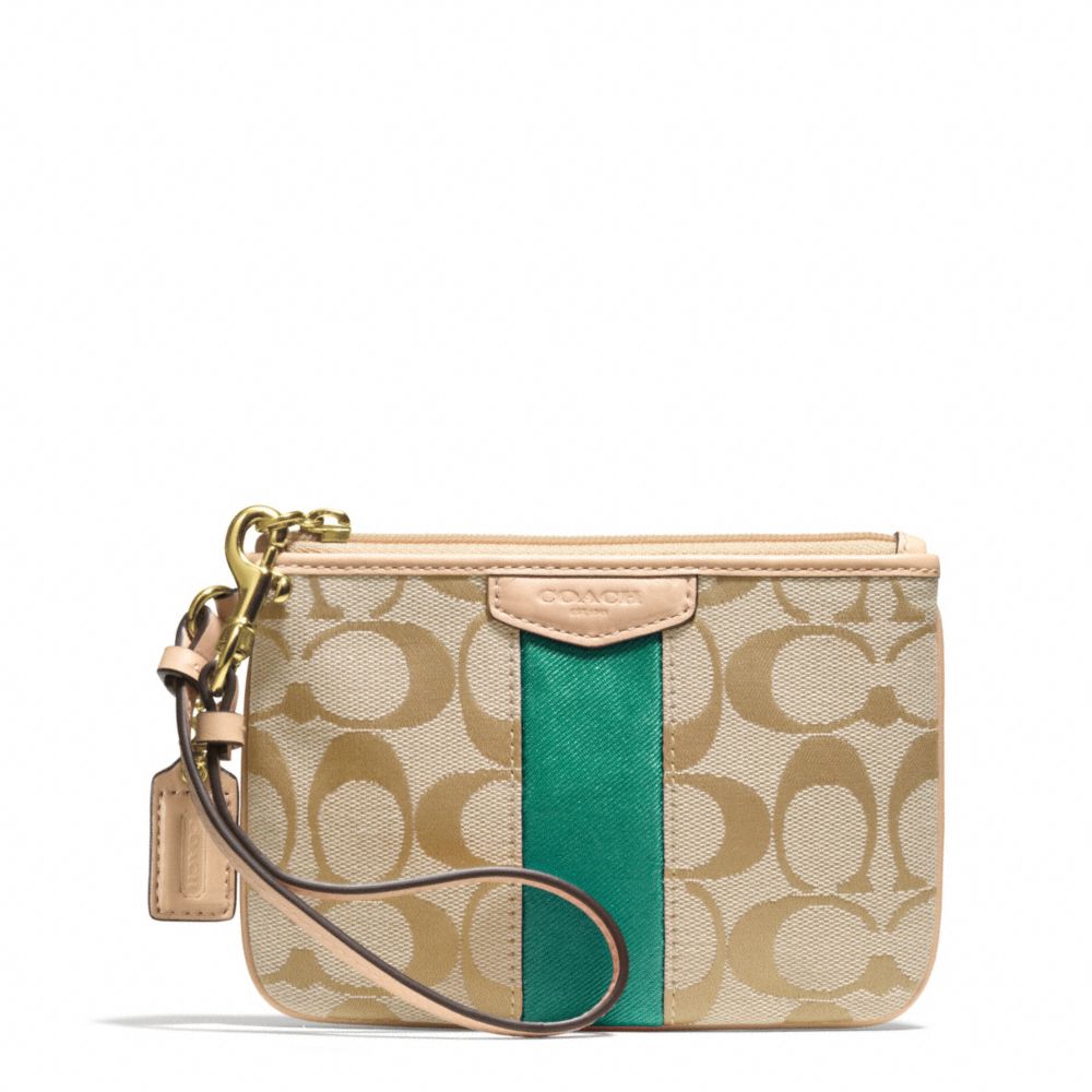 SIGNATURE STRIPE SMALL WRISTLET - f51106 - BRASS/KHAKI/EMERALD