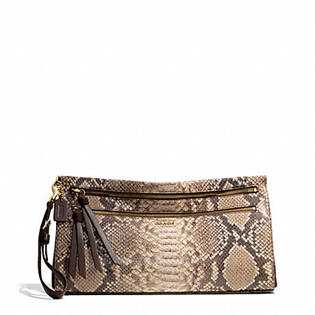 COACH f51141 MADISON PYTHON EMBOSSED LARGE CLUTCH LIGHT GOLD/BROWN MULTI