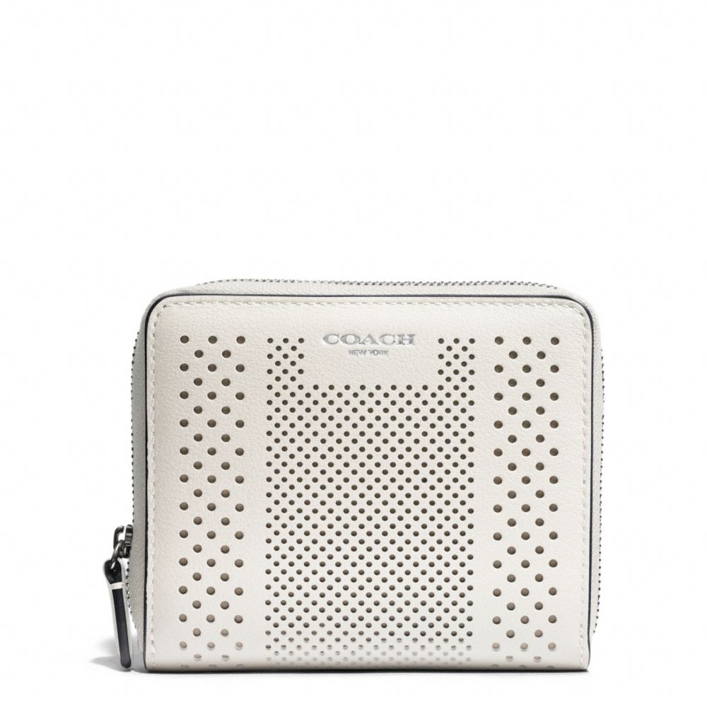 BLEECKER STRIPED PERFORATED LEATHER MEDIUM CONTINENTAL ZIP WALLET - SILVER/PARCHMENT - COACH F51146