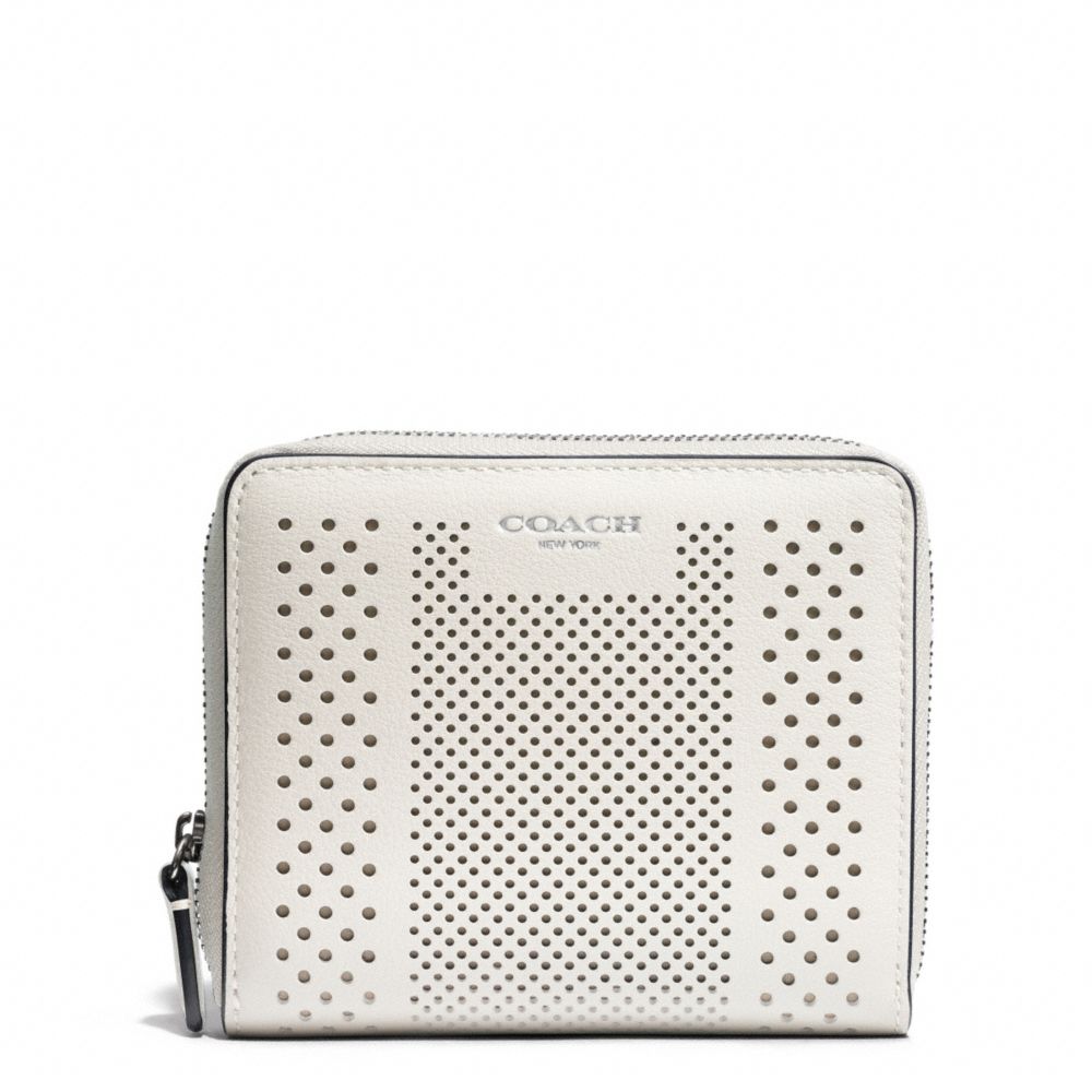 COACH F51146 BLEECKER STRIPED PERFORATED LEATHER MEDIUM CONTINENTAL ZIP WALLET SILVER/PARCHMENT