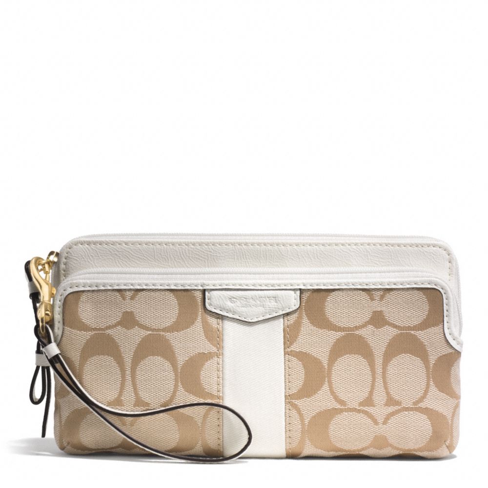 COACH SIGNATURE STRIPE 12CM DOUBLE ZIP WALLET - BRASS/LIGHT KHAKI/IVORY - f51155