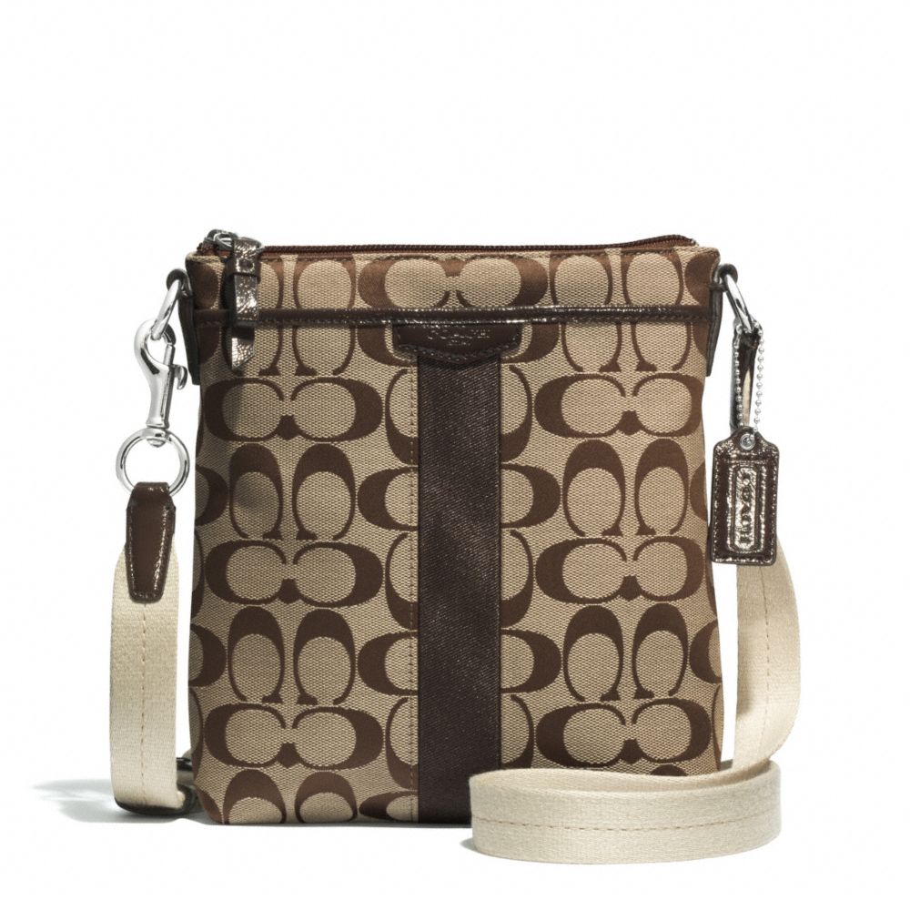 COACH SIGNATURE STRIPE NORTH/SOUTH SWINGPACK - SILVER/KHAKI/MAHOGANY - f51157