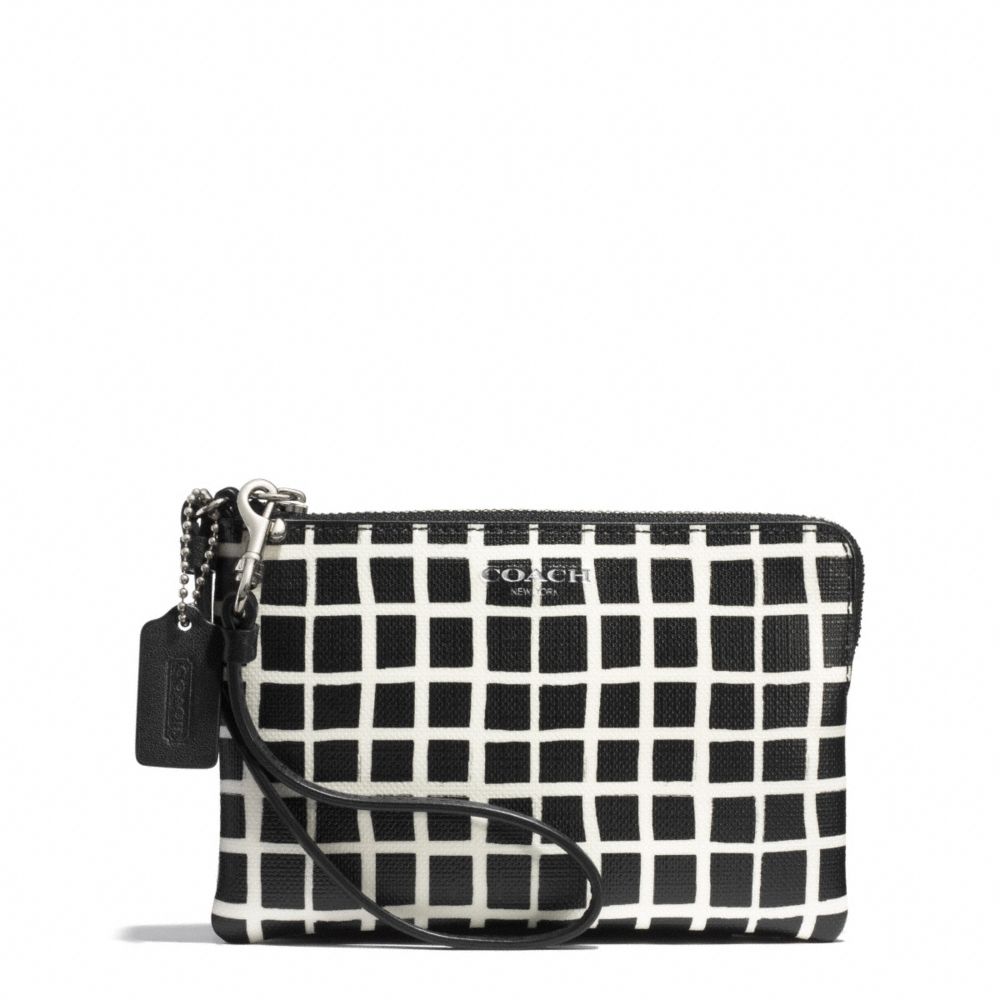 COACH F51174 BLEECKER BLACK AND WHITE PRINT COATED CANVAS SMALL WRISTLET SILVER/BLACK/WHITE