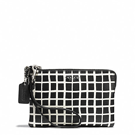 COACH F51174 BLEECKER BLACK AND WHITE PRINT COATED CANVAS SMALL WRISTLET SILVER/BLACK/WHITE