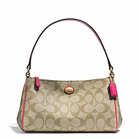 COACH PEYTON TOP HANDLE POUCH IN SIGNATURE  FABRIC - BRASS/LT KHAKI/POMEGRANATE - f51175
