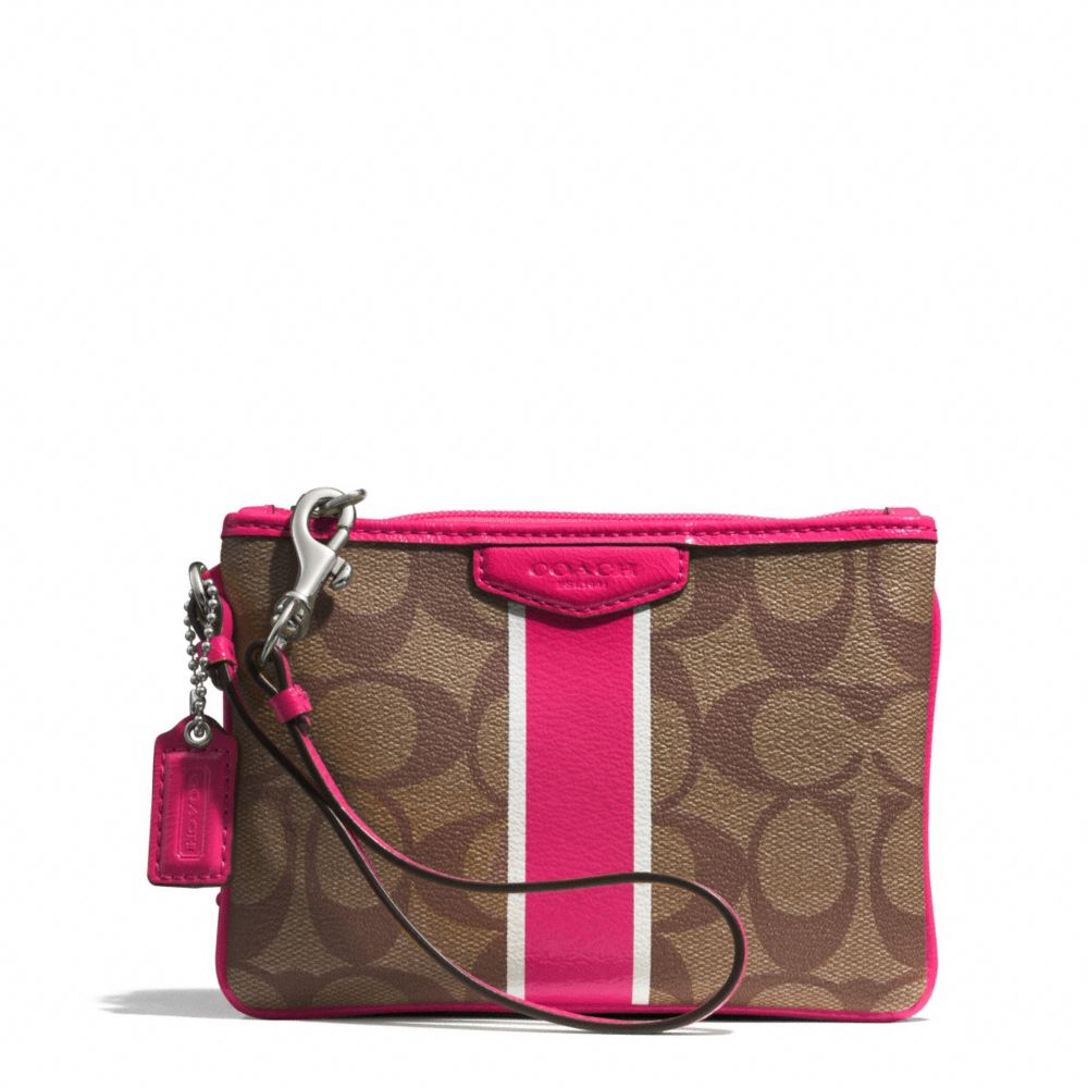 SIGNATURE STRIPE COATED CANVAS SMALL WRISTLET - f51233 - SILVER/KHAKI/POMEGRANATE