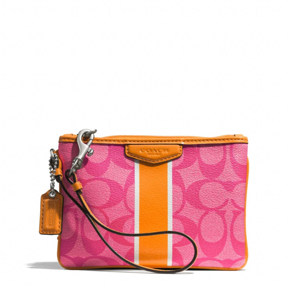 COACH F51233 Signature Stripe Coated Canvas Small Wristlet SILVER/PINK/ORANGE