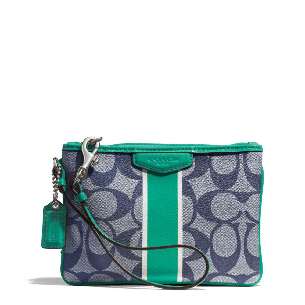 COACH F51233 Signature Stripe Small Wristlet SILVER/NAVY/BRIGHT JADE