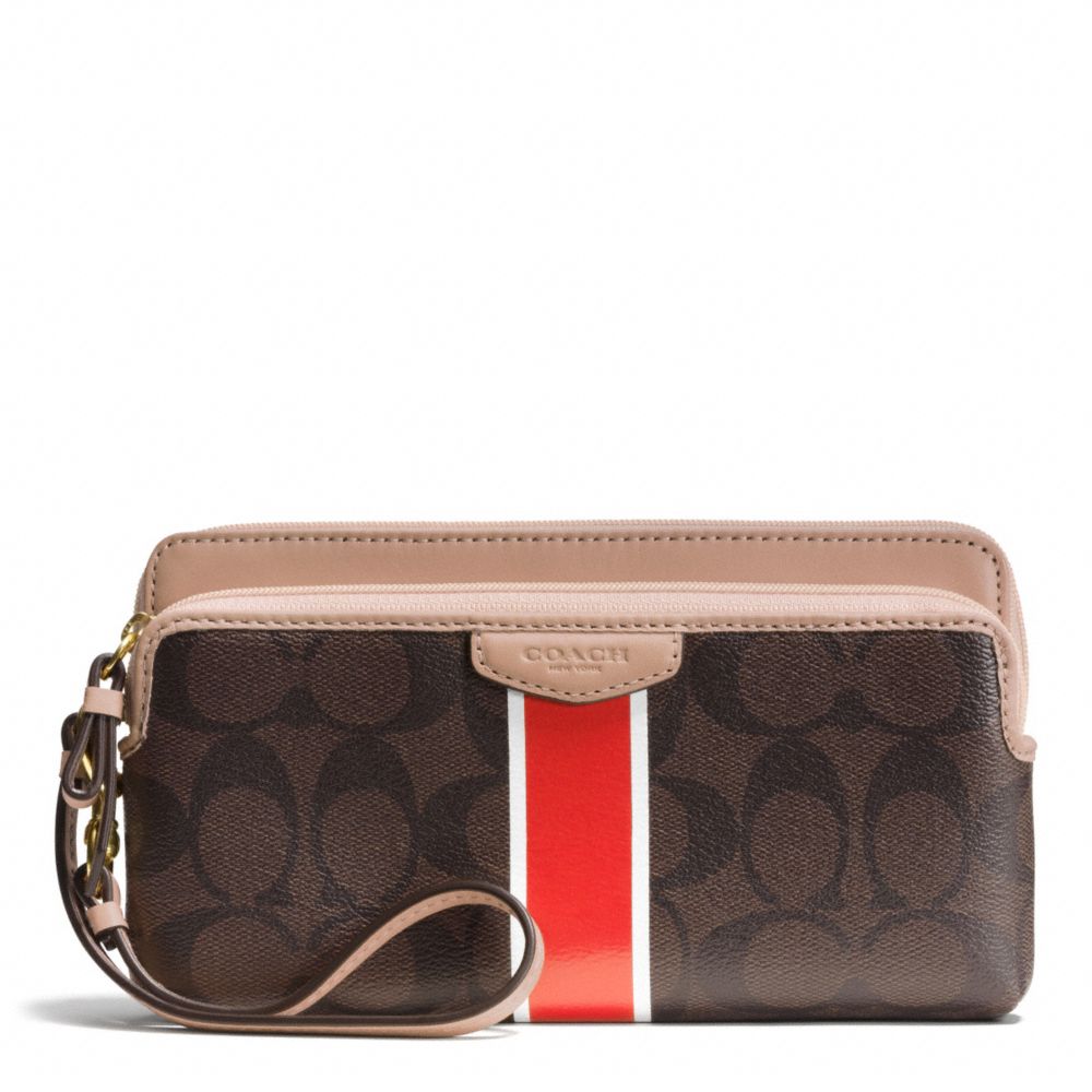 COACH SIGNATURE STRIPE DOUBLE ZIP WALLET - BRASS/BROWN/VERMILLION - f51266