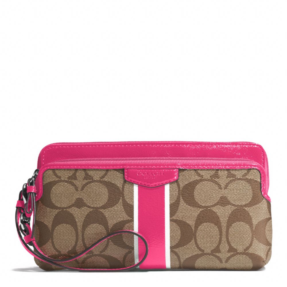 SIGNATURE STRIPE DOUBLE ZIP WALLET - SILVER/KHAKI/POMEGRANATE - COACH F51266