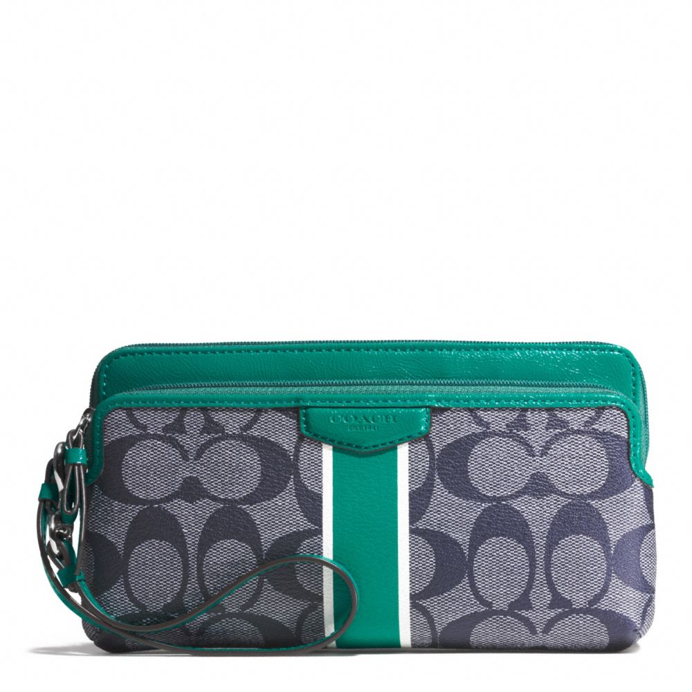 COACH f51266 SIGNATURE STRIPE DOUBLE ZIP WALLET SILVER/NAVY/BRIGHT JADE