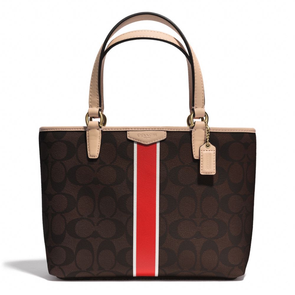 COACH F51267 - SIGNATURE STRIPE TOP HANDLE TOTE BRASS/BROWN/VERMILLION