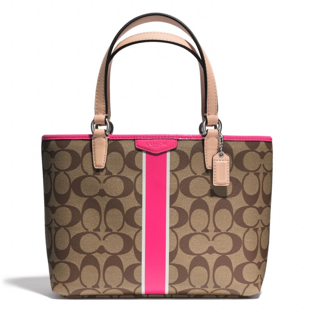 COACH SIGNATURE STRIPE TOP HANDLE TOTE - SILVER/KHAKI/POMEGRANATE - f51267