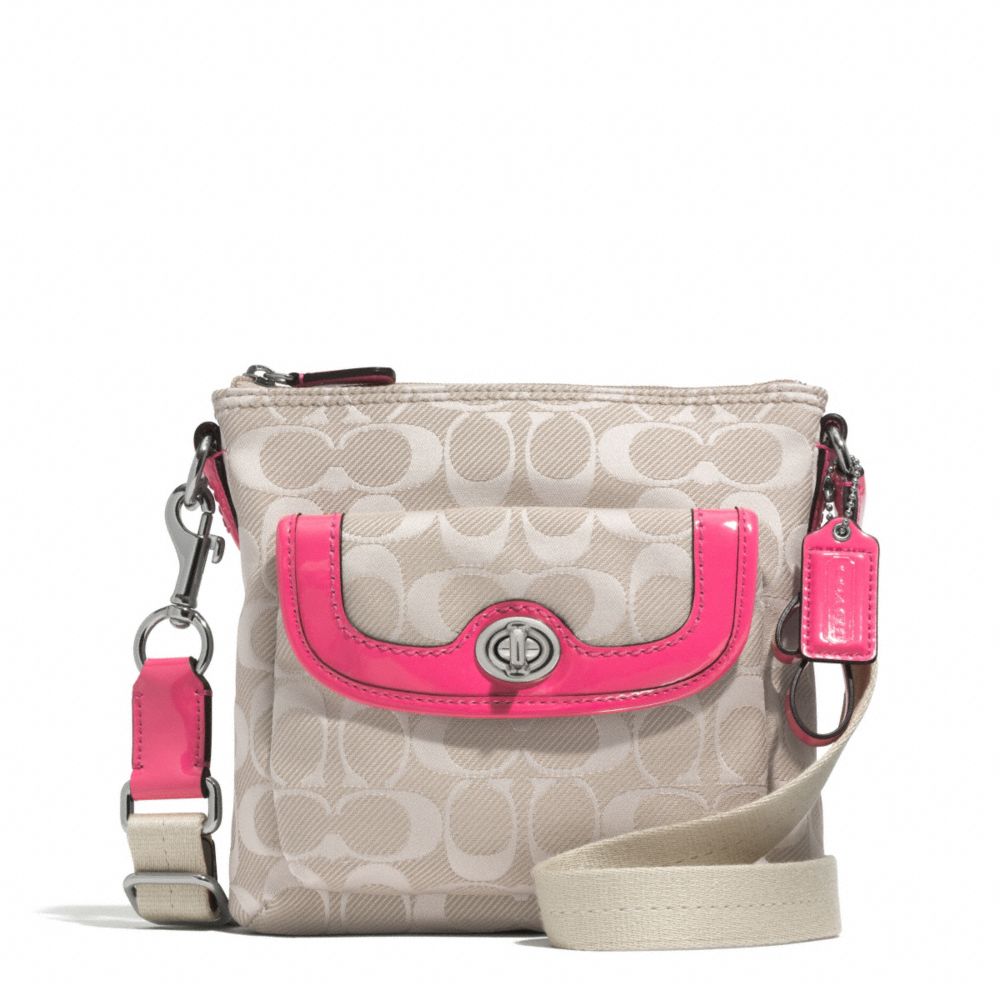 COACH F51276 - CAMPBELL SIGNATURE TWILL SWINGPACK SILVER/KHAKI/POMEGRANATE