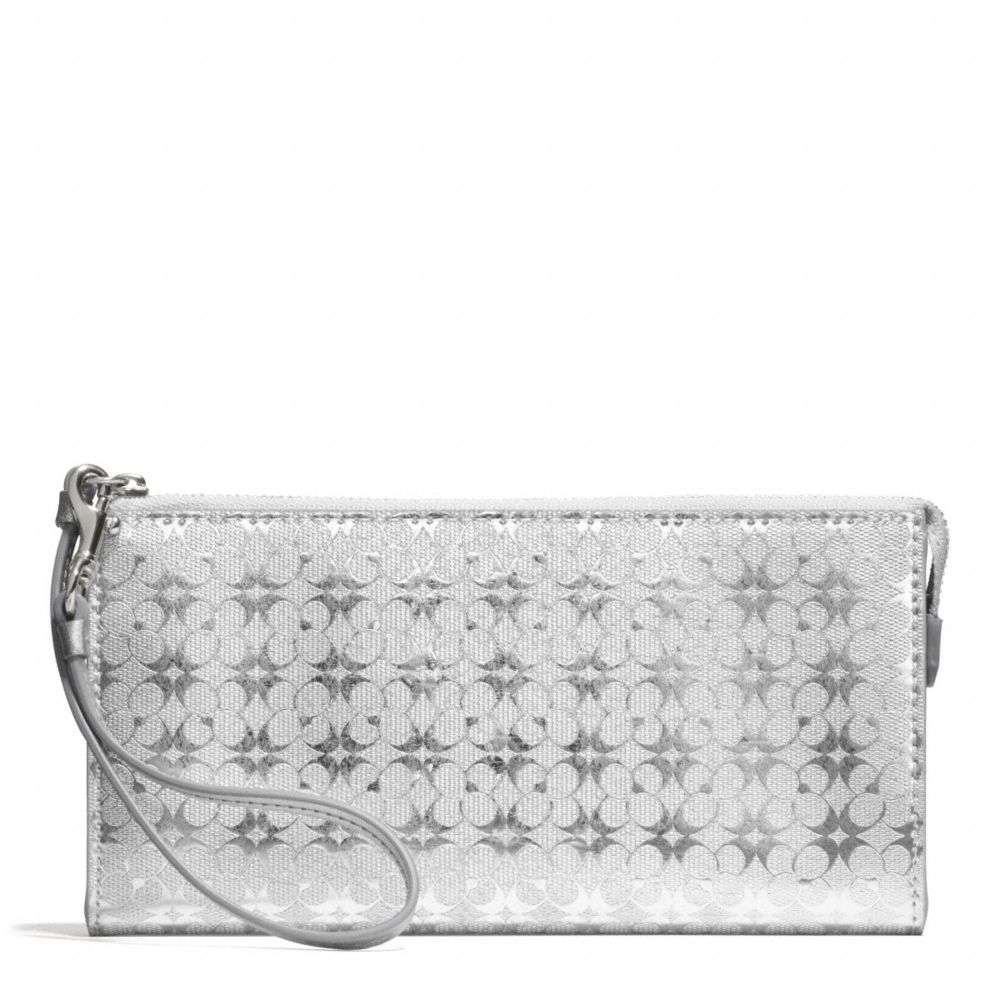 COACH f51328 WAVERLY SIGNATURE EMBOSSED COATED CANVAS  ZIPPY WALLET SILVER/SILVER