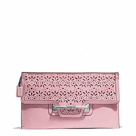 COACH F51385 TAYLOR EYELET LEATHER ZIP CLUTCH SILVER/PINK-TULLE