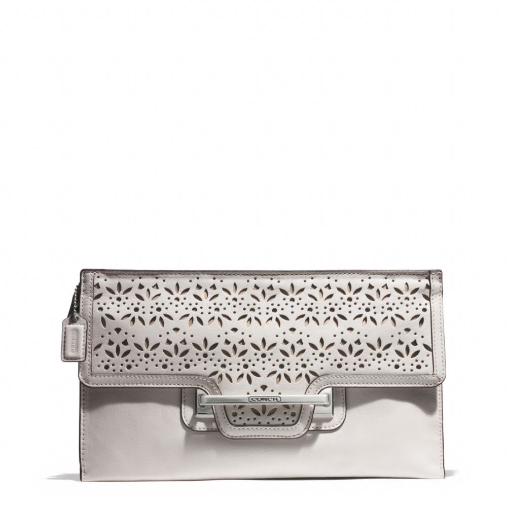 COACH TAYLOR EYELET LEATHER ZIP CLUTCH - SILVER/IVORY - F51385