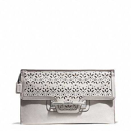 COACH F51385 TAYLOR EYELET LEATHER ZIP CLUTCH SILVER/IVORY