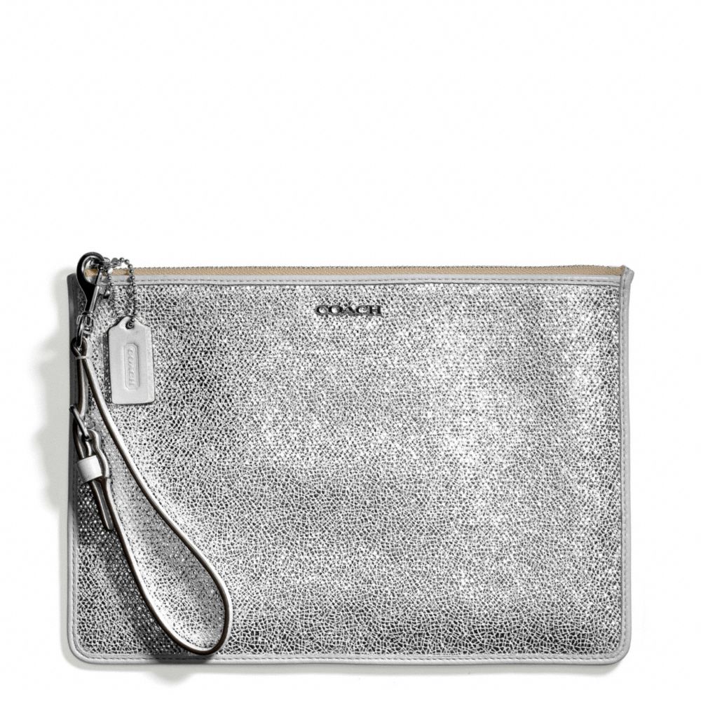 COACH f51397 BLEECKER METALLIC CRACKLE CANVAS FLAT ZIP CASE SILVER/WHITE