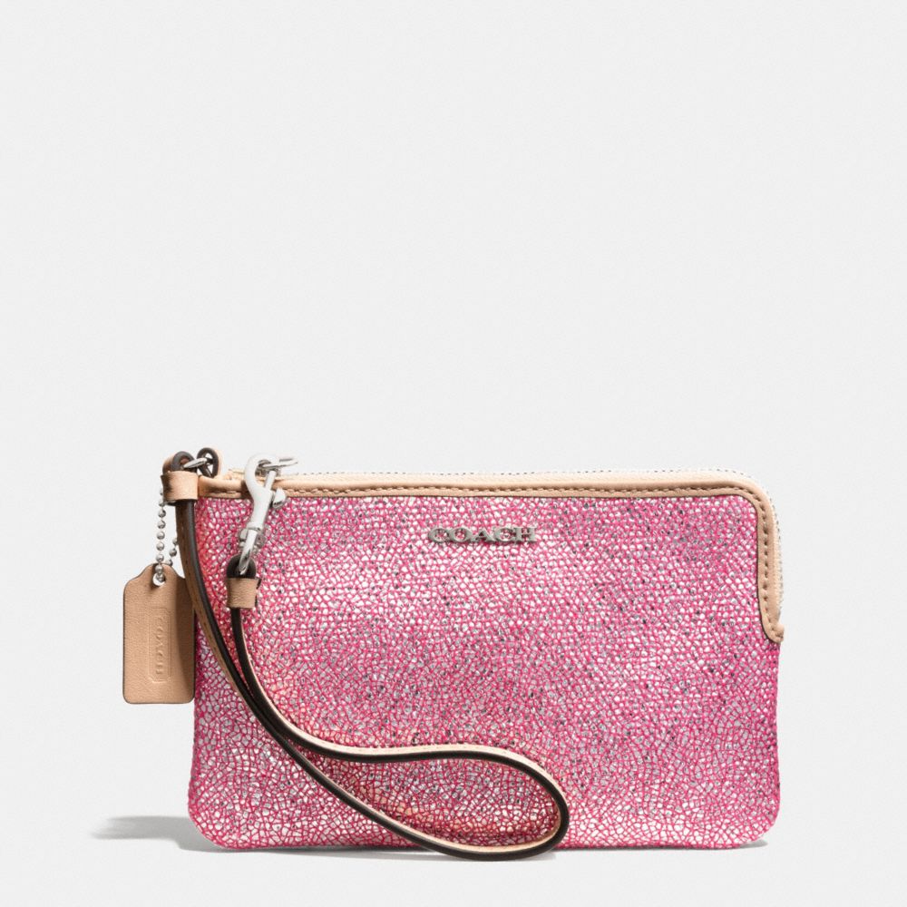 COACH BLEECKER ZIP SMALL WRISTLET IN METALLIC CRACKLE CANVAS -  SILVER/NEUTRAL PINK - f51422