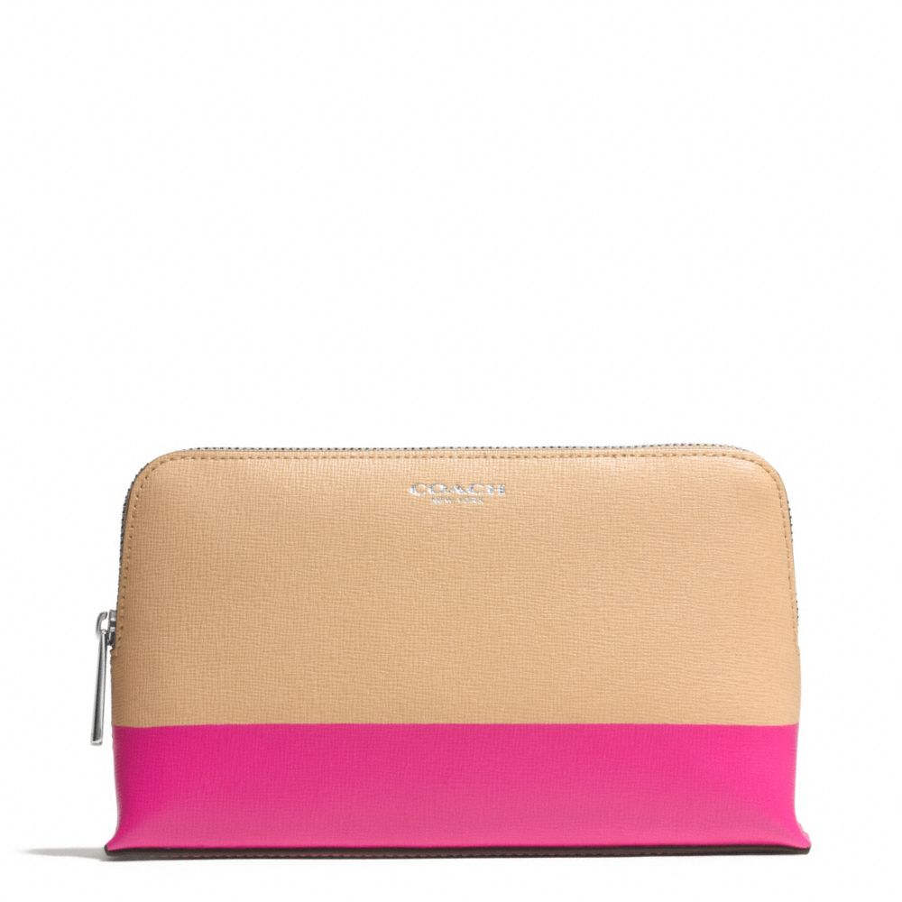 COACH PRINTED TWO TONE MEDIUM COSMETIC CASE IN SAFFIANO LEATHER - SILVER/CAMEL/PINK RUBY - F51458