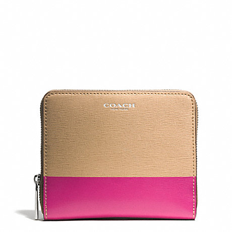 COACH SAFFIANO PRINTED TWO TONE LEATHER MEDIUM CONTINENTAL ZIP AROUND - SILVER/CAMEL/PINK RUBY - f51508