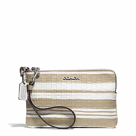 COACH F51619 BLEECKER EMBOSSED WOVEN LEATHER L-ZIP SMALL WRISTLET SILVER/FAWN/WHITE