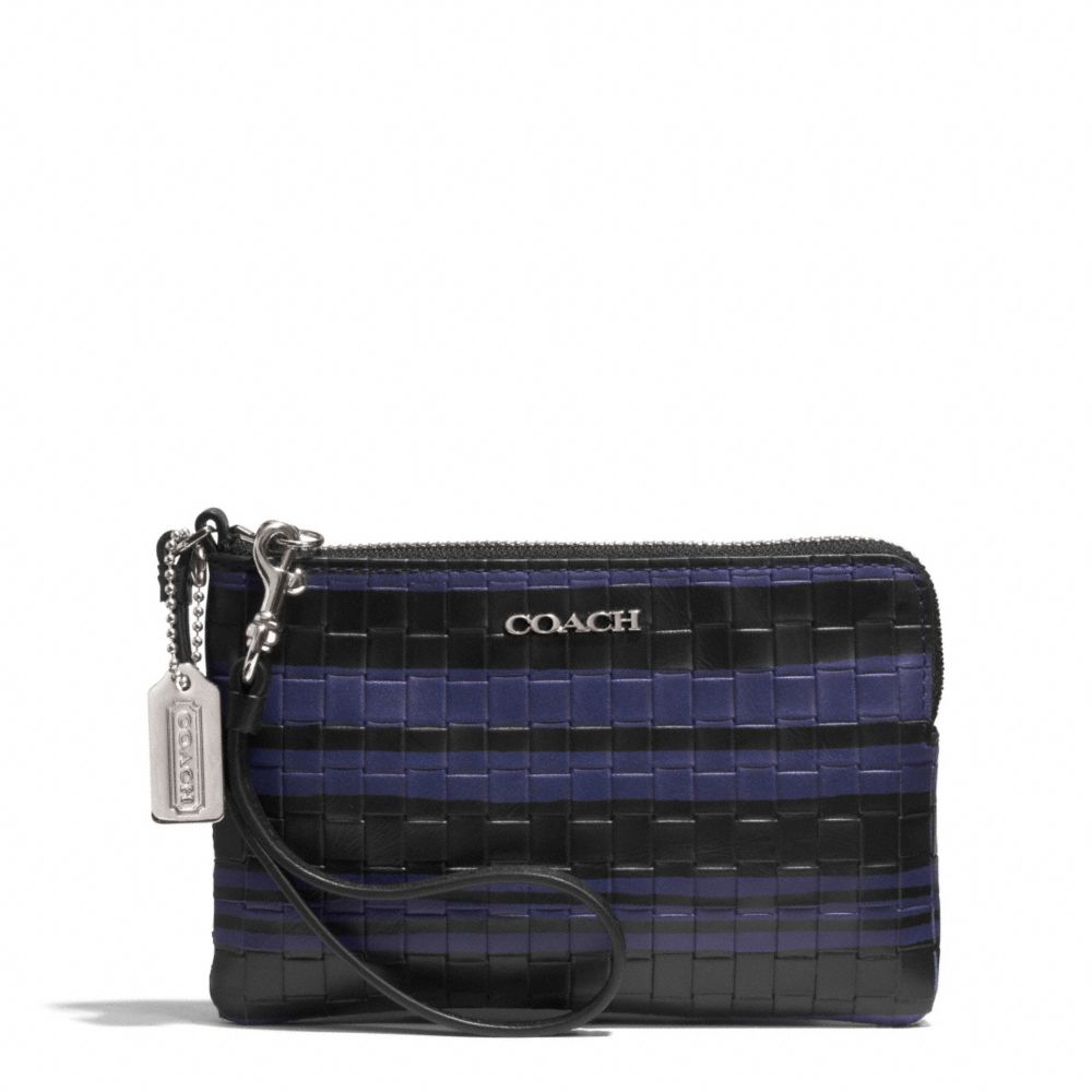 COACH f51619 BLEECKER EMBOSSED WOVEN LEATHER L-ZIP SMALL WRISTLET SILVER/BLUE INDIGO/BLACK