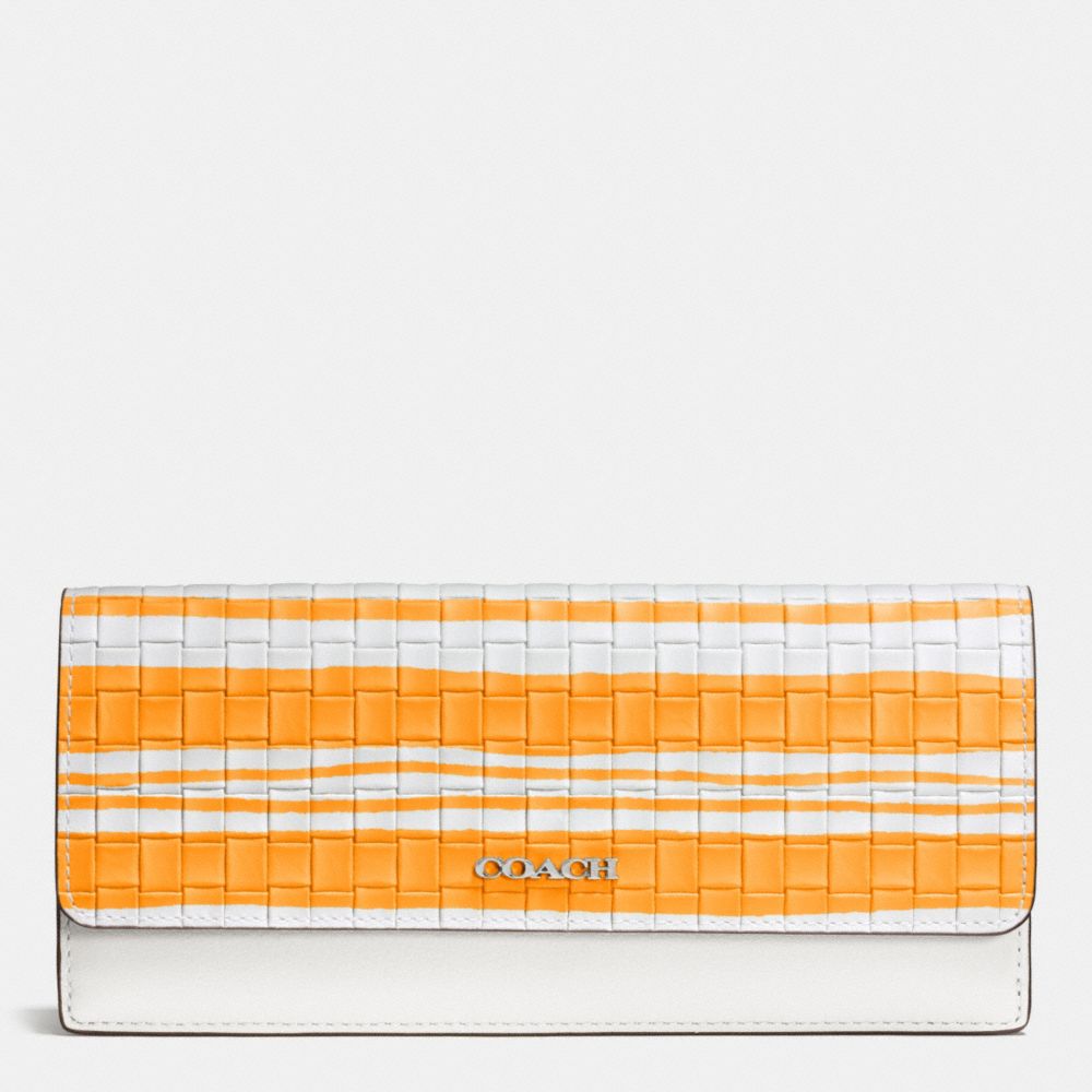 COACH f51621 BLEECKER SOFT WALLET IN WOVEN LEATHER  SILVER/BRIGHT MANDARIN/WHITE