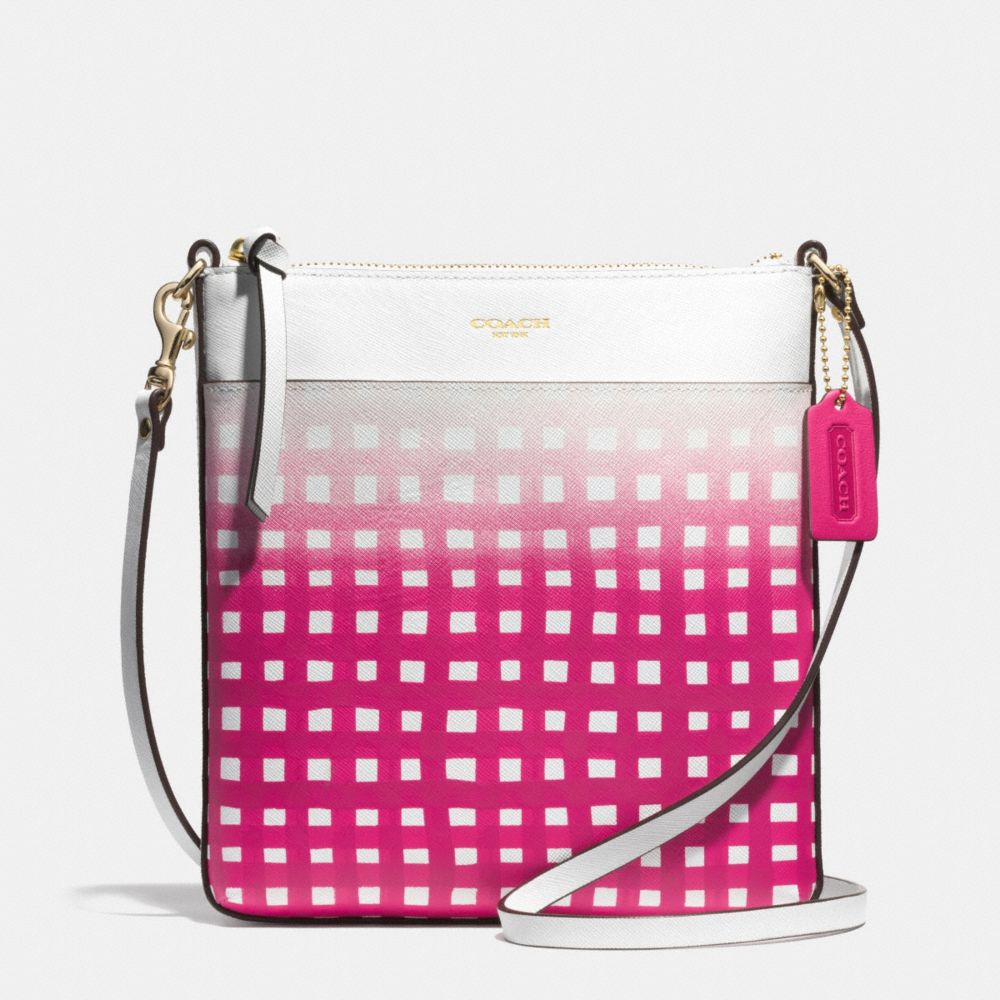 COACH f51632 GINGHAM SAFFIANO NORTH/SOUTH SWINGPACK LIGHT GOLD/WHITE/PINK RUBY