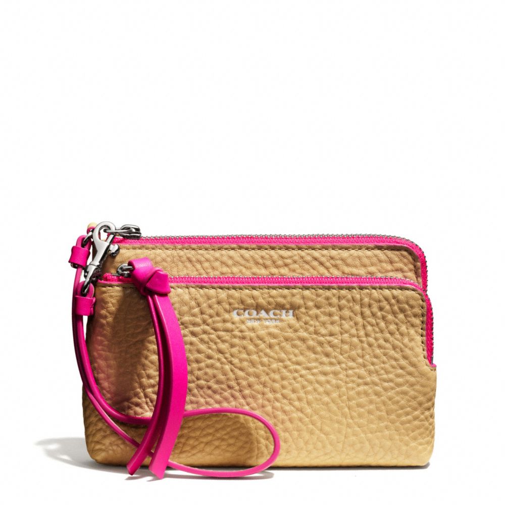 COACH F51637 BLEECKER DOUBLE L-ZIP WRISTLET IN EDGEPAINT LEATHER -SILVER/CAMEL/PINK-RUBY