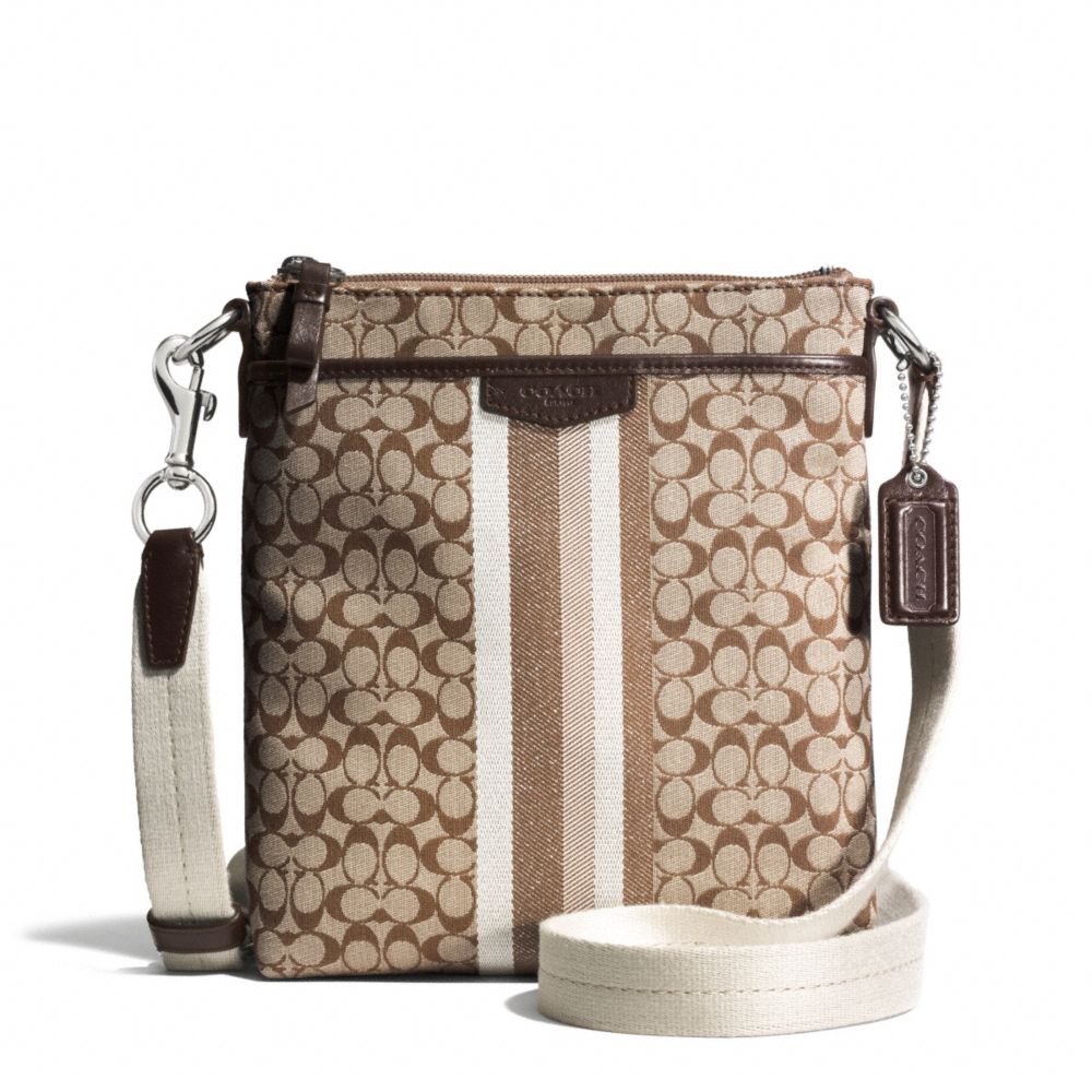 SIGNATURE STRIPE TWILL NORTH/SOUTH SWINGPACK - SILVER/KHAKI/MAHOGANY - COACH F51648