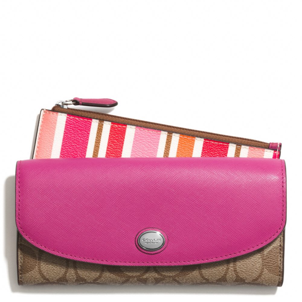 COACH f51690 PEYTON MULTI STRIPE SLIM ENVELOPE WALLET WITH POUCH SILVER/PINK MULTICOLOR