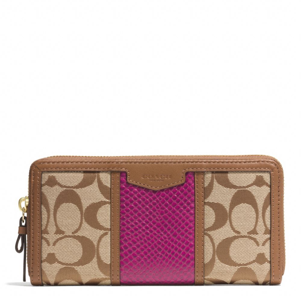 COACH SIGNATURE STRIPE WITH SNAKE ACCORDION ZIP WALLET - IMITATION METAL/KHAKI/CHERRY - f51698