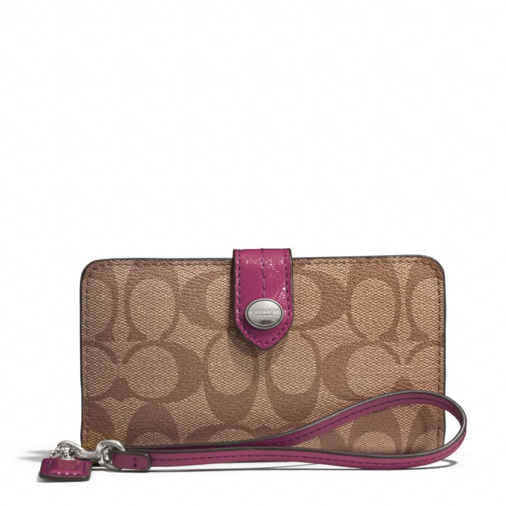 COACH PEYTON SIGNATURE PHONE WALLET - SILVER/KHAKI/MERLOT - f51700