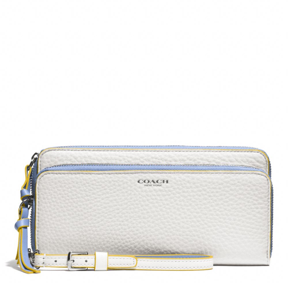 COACH f51704 BLEECKER EDGEPAINT LEATHER DOUBLE ZIP ACCORDION WALLET SILVER/WHITE/BLUE OXFORD