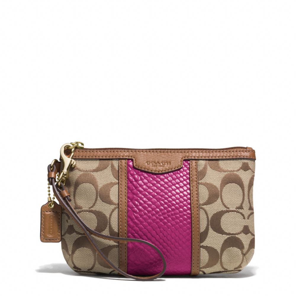 COACH F51724 Signature Stripe With Snake Medium Wristlet IMITATION METAL/KHAKI/CHERRY