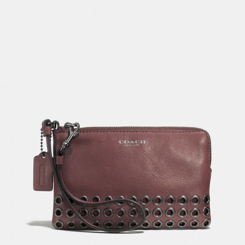 COACH F52074 BLEECKER GROMMETS SMALL WRISTLET IN LEATHER -BLACK-ANTIQUE-NICKEL/BRICK