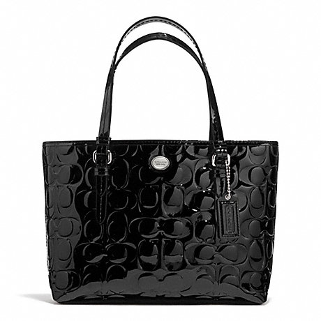 COACH F52088 PEYTON SIGNATURE C EMBOSSED PATENT TOP HANDLE TOTE SILVER/BLACK