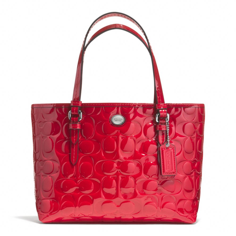 COACH f52088 PEYTON SIGNATURE C EMBOSSED PATENT TOP HANDLE TOTE SILVER/RED